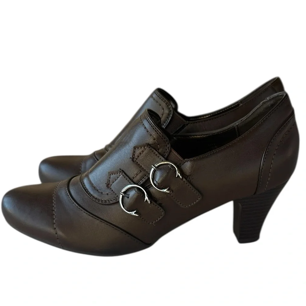 Women's Brown Leather Buckle Dress Heels